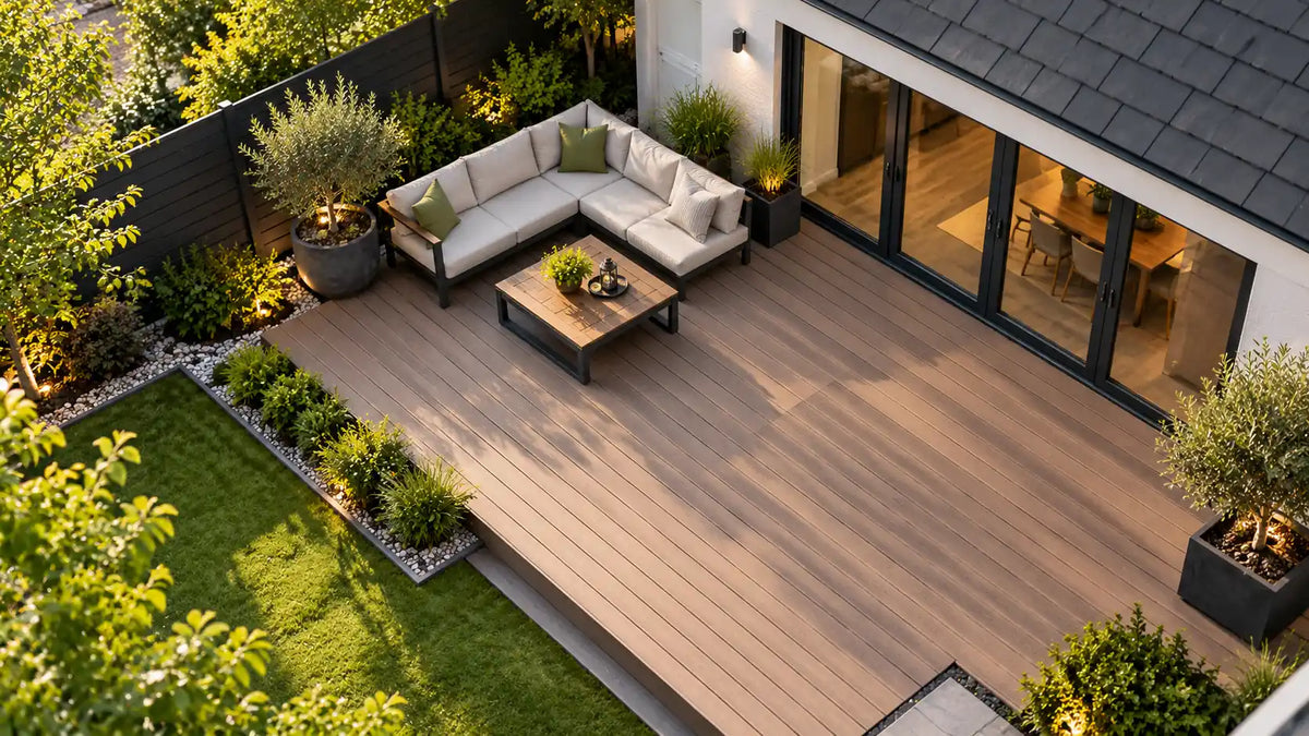Elevated top-down view of a modern grey-brown composite decking terrace with outdoor seating, landscaped garden borders, ornamental plants and a contemporary home.