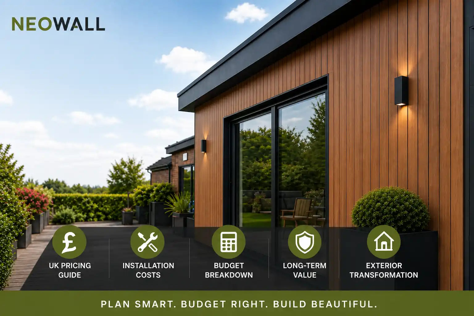 Modern home exterior featuring composite cladding with a cost guide overview, showing pricing factors, installation costs, and budget planning for UK cladding projects.