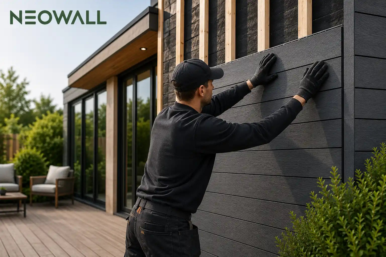 Professional installation of composite cladding panels on a modern exterior wall showing the fitting process for a durable and stylish finish.