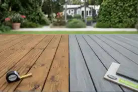 Composite decking colours UK guide showing grey charcoal chocolate brown and teak finishes
