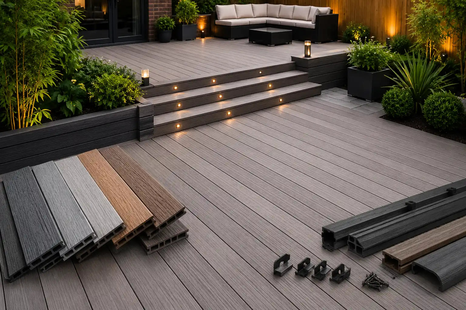 Composite decking cost UK guide showing modern garden deck installation