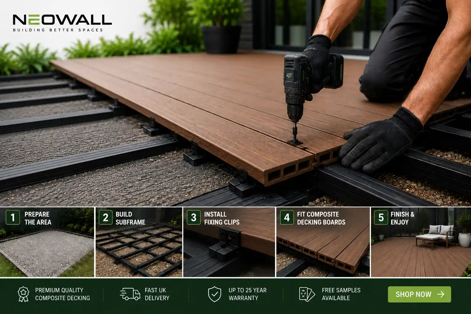 Composite decking installation guide showing step-by-step process including subframe construction, fixing clips, decking board installation and finished outdoor deck