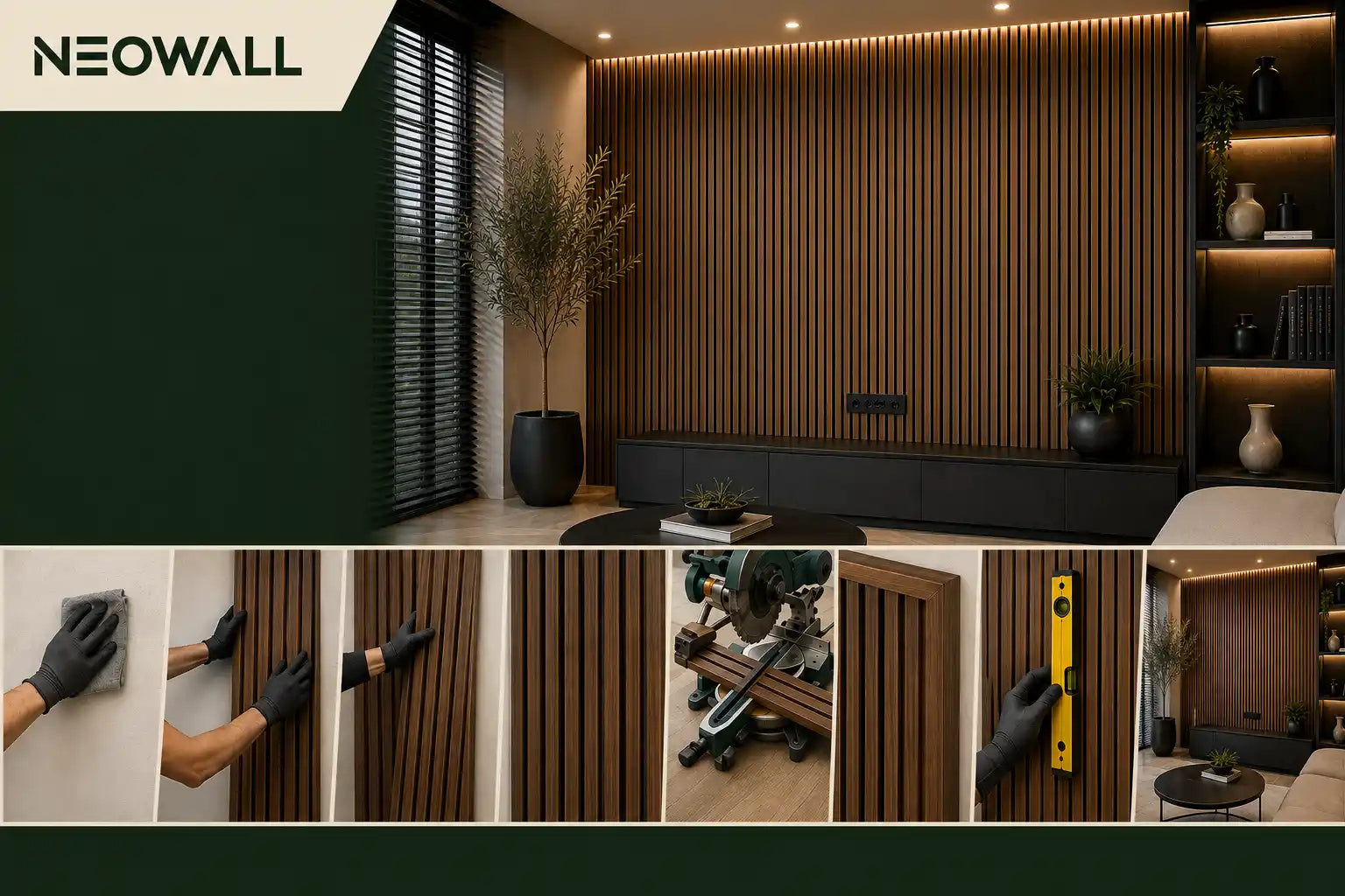 Composite slat wall installation guide showing the process of measuring, fixing and finishing Neowall slat wall panels for a modern interior feature wall