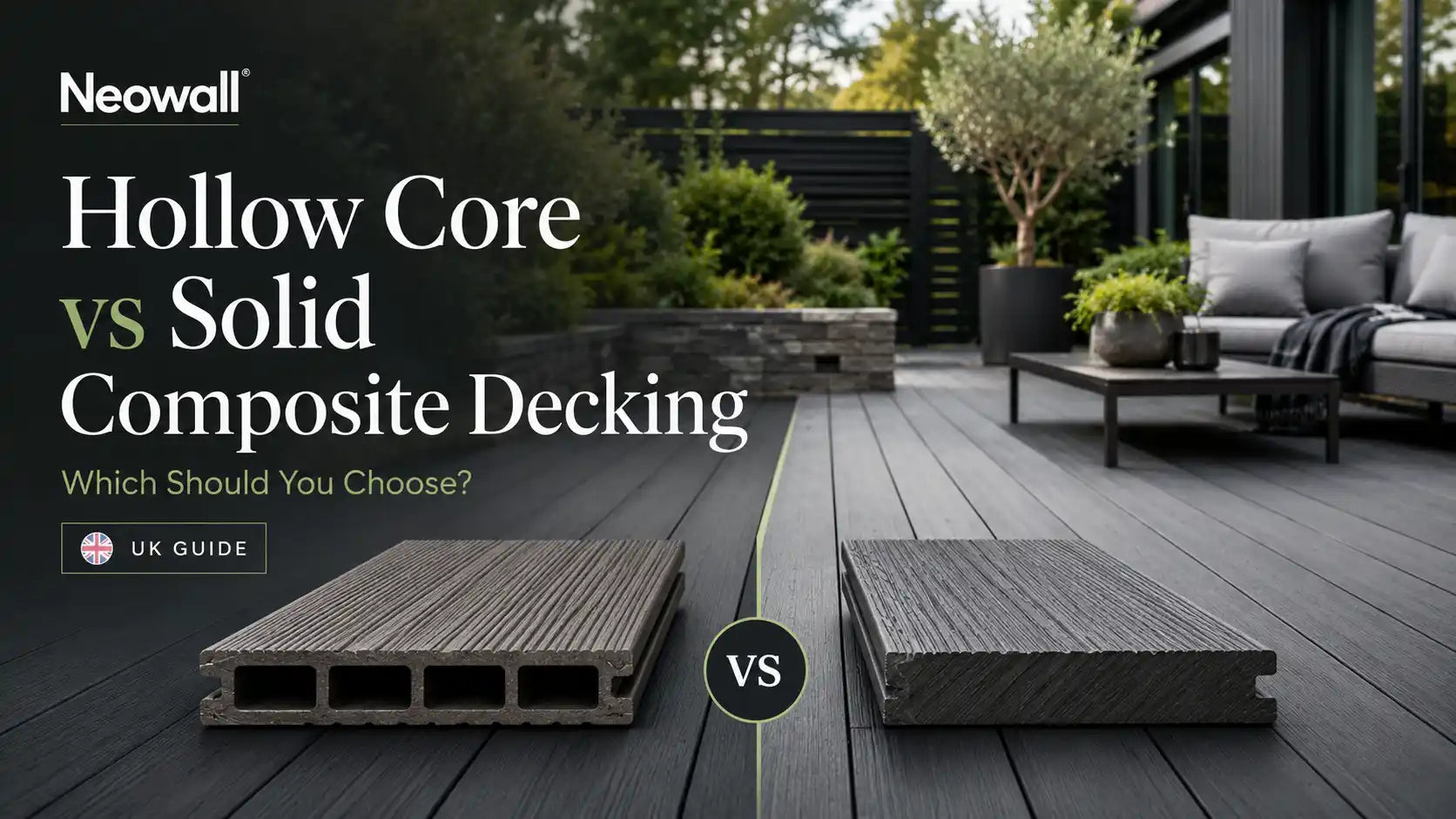 Hollow composite decking boards for a modern UK garden deck