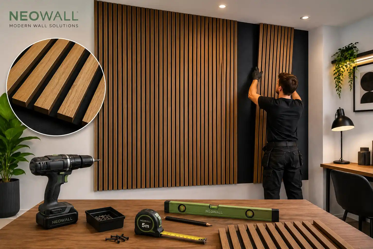 Installing acoustic panels on a modern interior wall showing the fitting process, tools, and acoustic panel installation steps for improved sound absorption and stylish room design.
