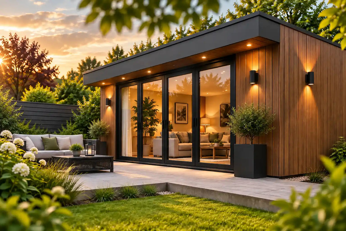 Modern garden room featuring wood-effect composite cladding with a stylish outdoor seating area, glass doors, and landscaped garden design showcasing composite cladding ideas for UK homes and extensions