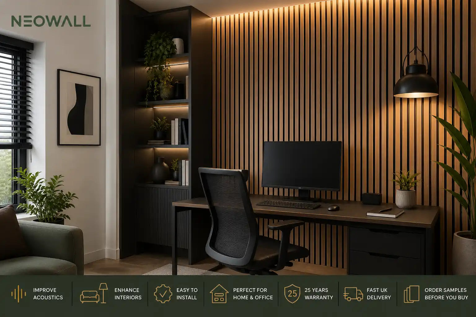 Modern home interior with acoustic wall panels creating a stylish sound absorbing feature wall