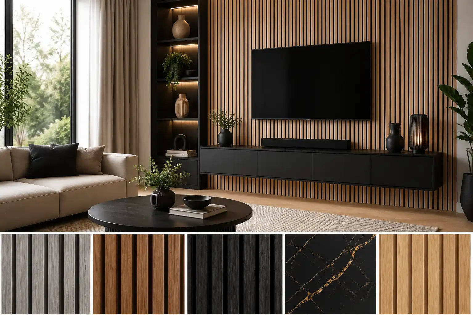 Modern interior room featuring acoustic wall panels in stylish wood and grey finishes
