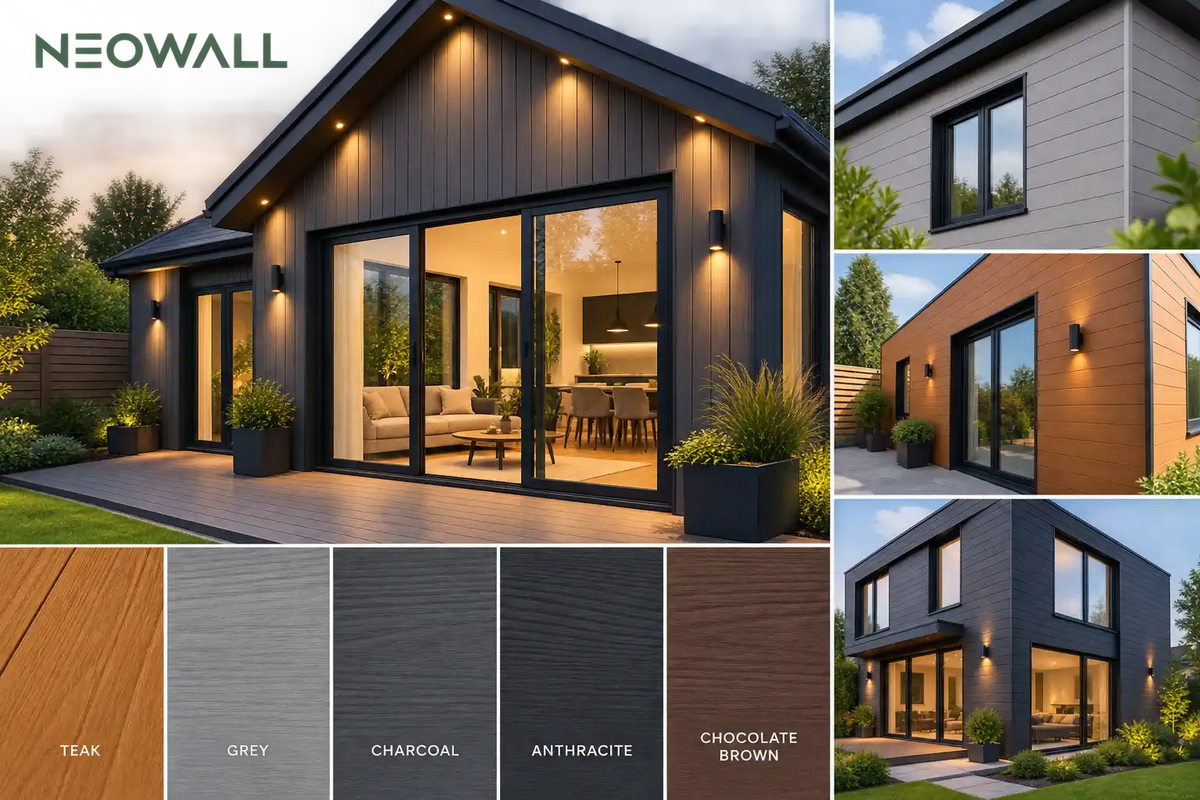 Modern home exterior featuring NeoWall composite cladding in multiple colours including teak, grey, charcoal, anthracite, and chocolate brown finishes