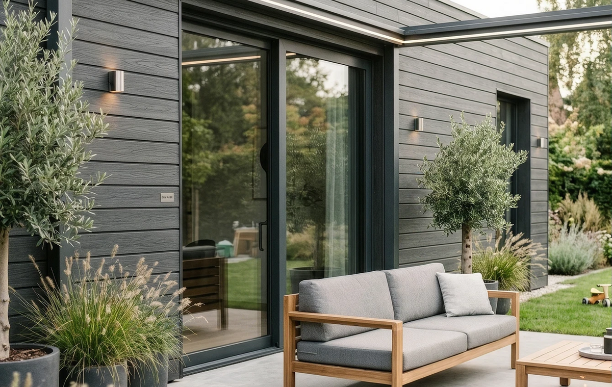 Dark charcoal composite cladding panels for low-maintenance exterior walls