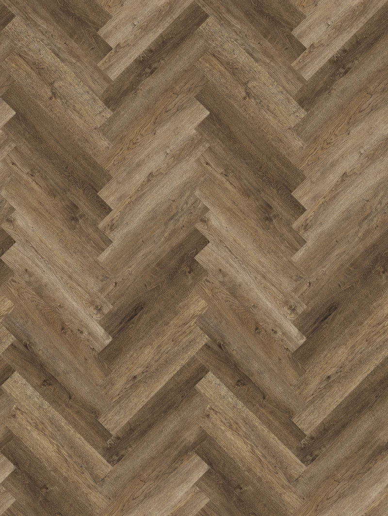 Neowall Herringbone Ashton Brown wall panels with wood-effect pattern