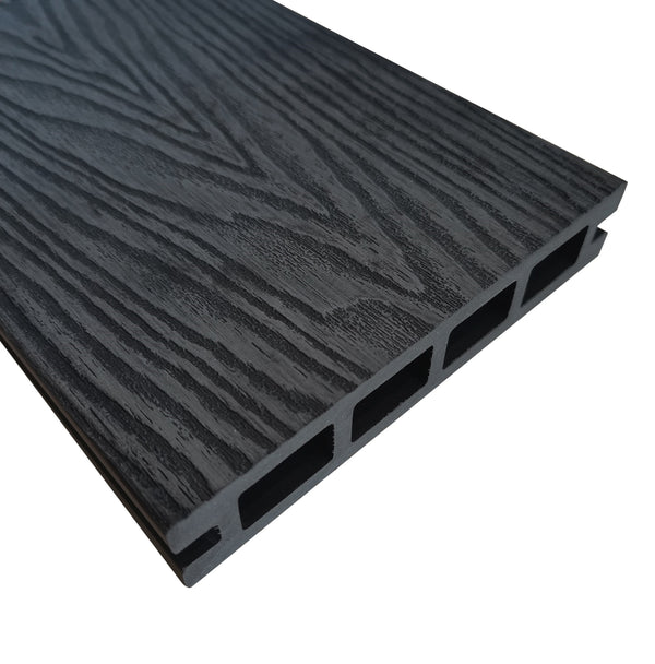 Charcoal composite decking board showing textured anti-slip surface finish