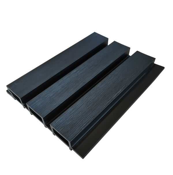 Charcoal composite slat wall panel by Neowall for interior and exterior wall design