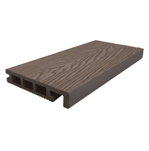 Chocolate brown bull-nose composite decking board installed on deck edge creating smooth professional finish