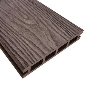Chocolate brown composite decking board showing natural wood-effect surface finish
