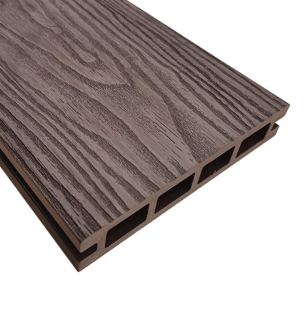 Chocolate brown composite decking board showing natural wood-effect surface finish