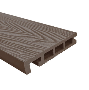 Chocolate brown composite decking bull-nose board showing rounded front edge profile for deck step finishing