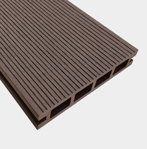 Chocolate brown outdoor composite decking board profile showing 135mm width and 25mm thickness