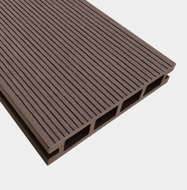 Chocolate brown outdoor composite decking board profile showing 135mm width and 25mm thickness
