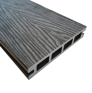 Grey composite decking board showing textured anti-slip surface finish