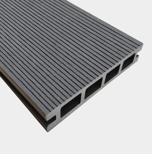 Grey composite decking boards installed on modern garden deck