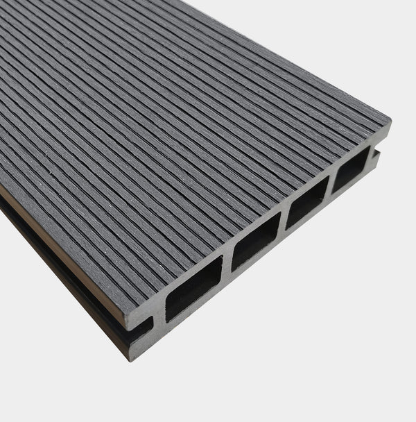 Grey composite decking boards installed on modern garden deck