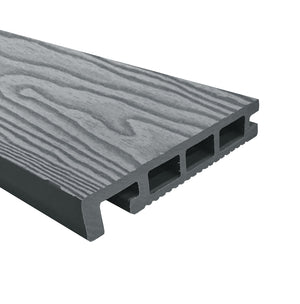 Grey composite decking bull nose board showing rounded front edge profile for deck step finishing