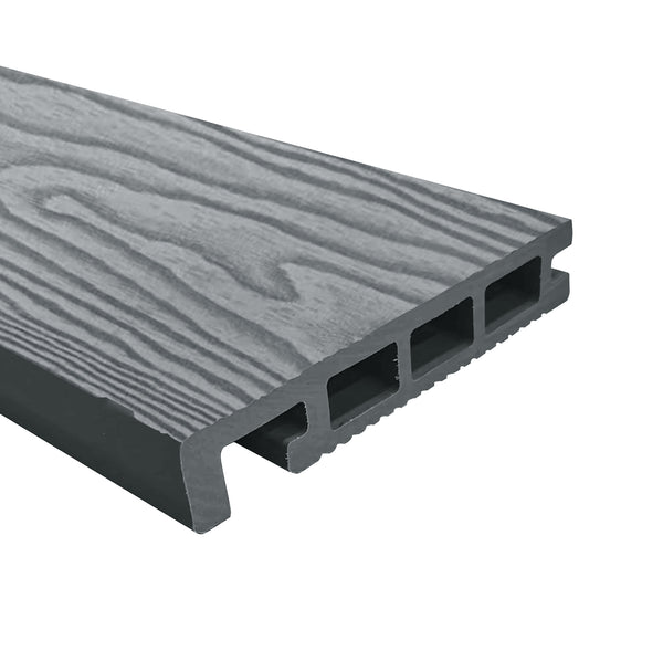 Grey composite decking bull nose board showing rounded front edge profile for deck step finishing