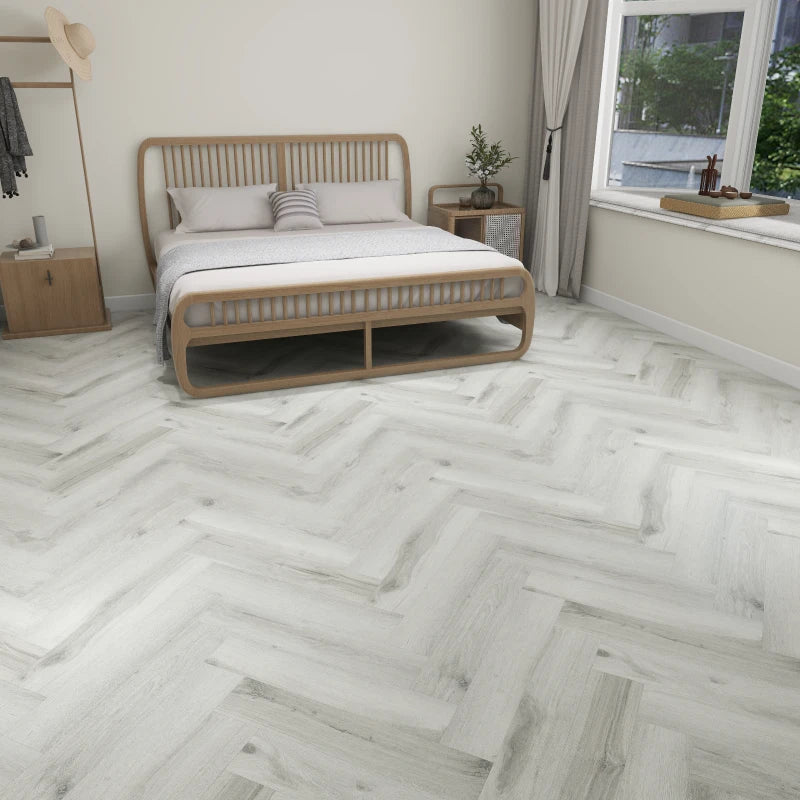 Neowall Herringbone Warm Walnut flooring with rich wood-effect finish