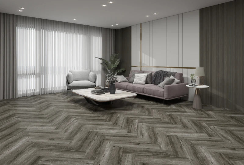 Midnight grey herringbone wall panel design for modern interiors