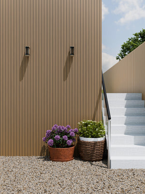 Neowall Blackline Series SlatWall teak panels with warm wood-effect finish for modern wall cladding