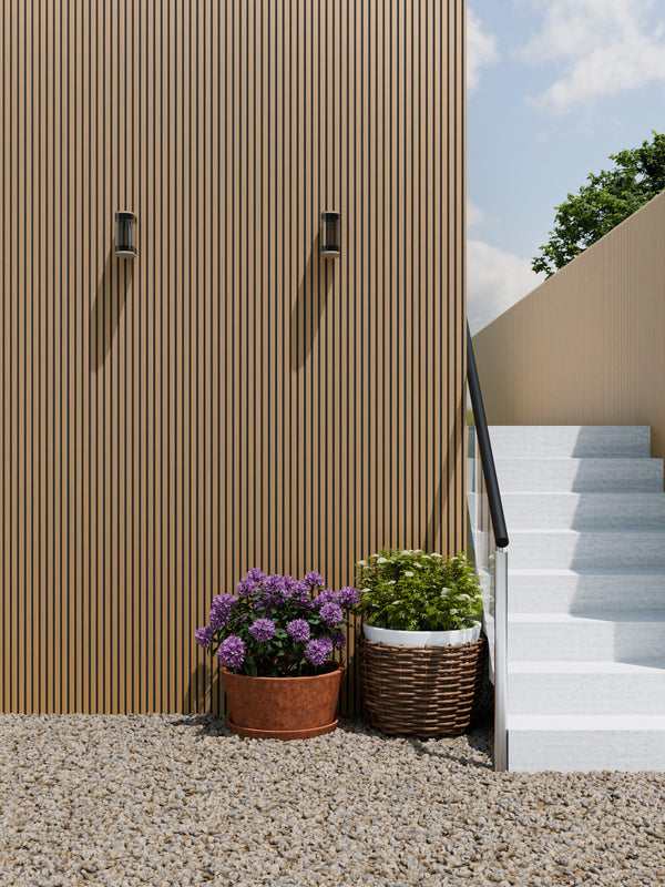 Neowall Blackline Series SlatWall teak panels with warm wood-effect finish for modern wall cladding