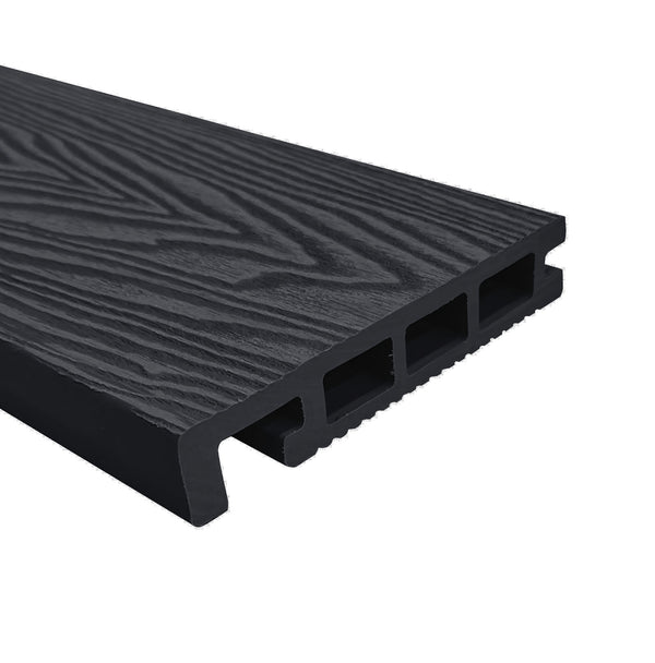 Charcoal composite decking bull nose board showing rounded front edge profile for deck step finishing