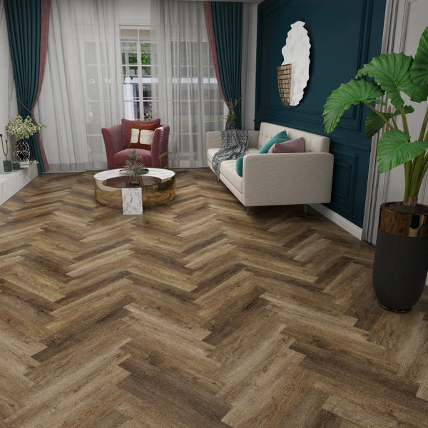Neowall Herringbone Ashton Brown wall panels with wood-effect pattern