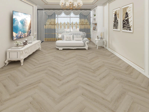 Neowall Herringbone Butternut Beige wall panels with light wood-effect finish