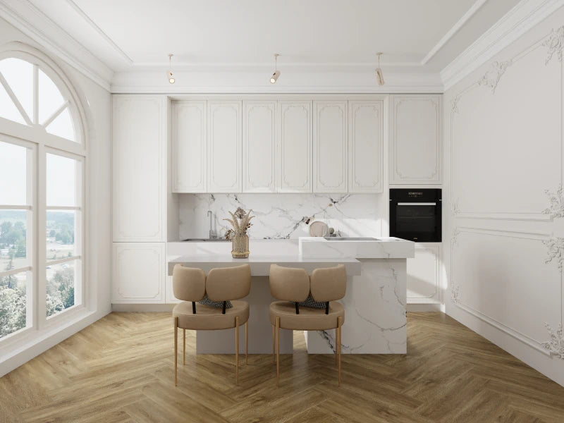 Neowall Herringbone Chestnut Oak wall panels with rich wood-effect finish