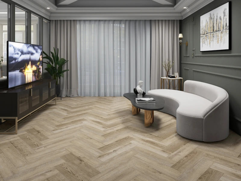 Neowall Herringbone Ivory Birch wall panels with light wood-effect finish