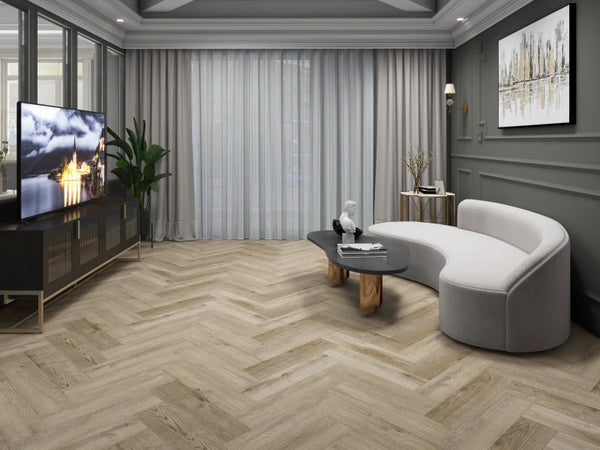 Neowall Herringbone Ivory Birch wall panels with light wood-effect finish