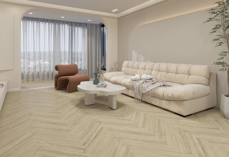 Neowall Herringbone Natural Oak flooring with classic wood-effect finish