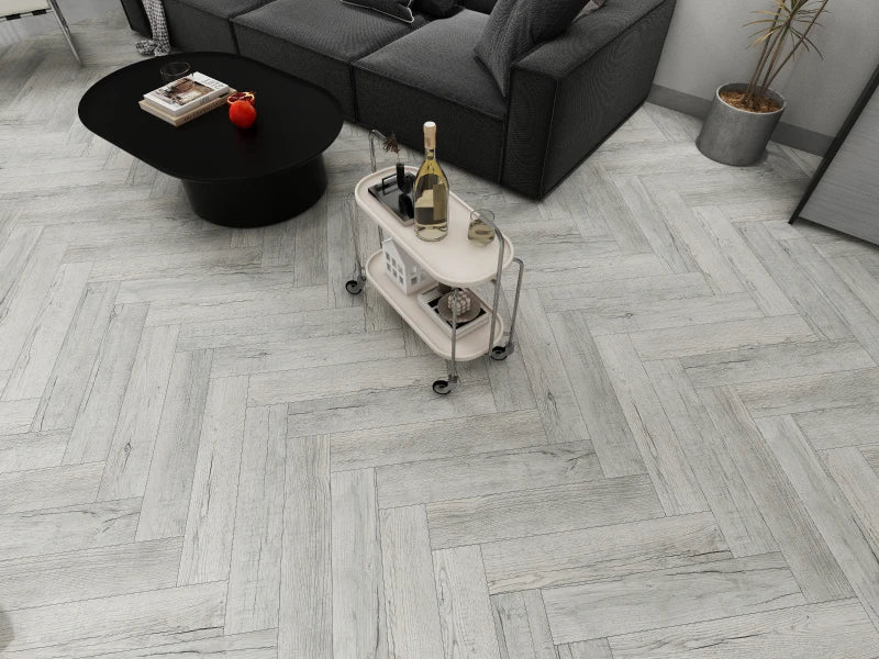 Neowall Herringbone Pebble Grey flooring with modern wood-effect finish