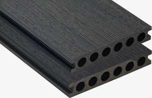 Neowall charcoal anthracite composite decking boards installed on garden patio deck