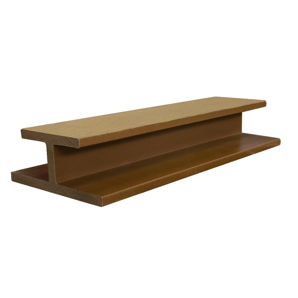Teak wood-effect composite H trim connector for exterior wall cladding systems