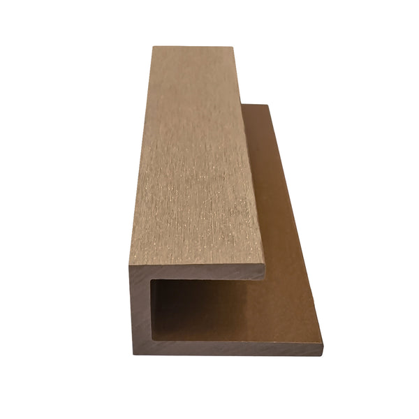 Neowall teak U trim for composite cladding panel edge finishing
