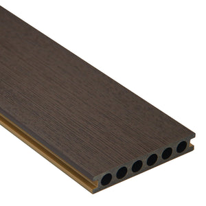 Neowall teak choco brown composite decking boards installed on garden patio deck