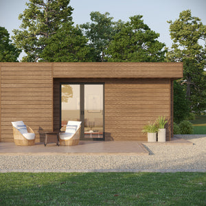 Neowall teak composite cladding boards with natural wood-effect finish