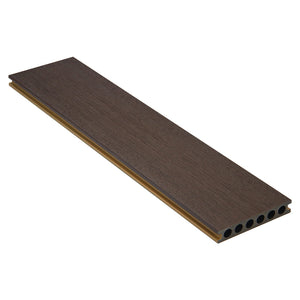 Teak chocolate brown composite decking board profile showing durable capped decking design