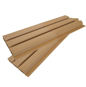 Teak composite slat wall panel by Neowall for interior and exterior wall design