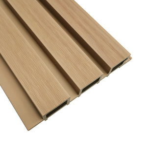 Teak composite slat wall panel by Neowall for interior and exterior wall design