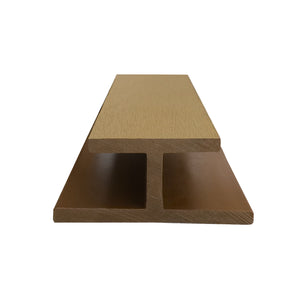 Teak wood-effect composite H trim connector for exterior wall cladding systems