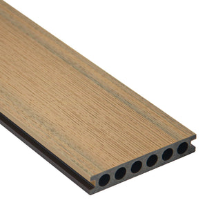 Teak and chocolate brown dual-tone co extrusion composite decking board with capped surface
